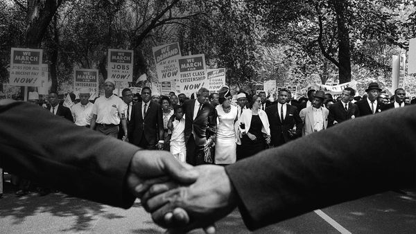 The front line of demonstrators during the March on Washington for Jobs and Freedom on August 28, 1963