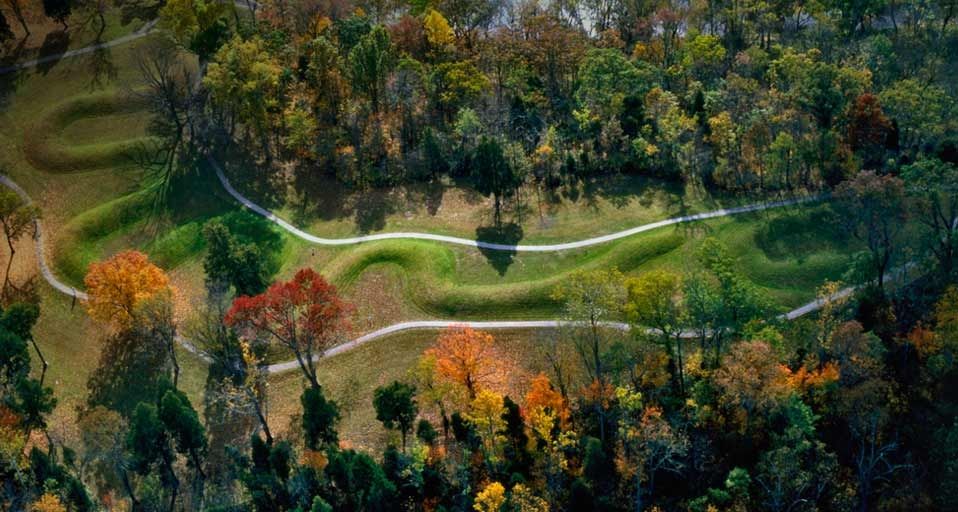 The Great Serpent Mound, a pre-historic effigy mound, along Ohio Brush Creek in Ohio