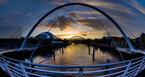 The Gateshead Millennium Bridge, Sage, Tyne Bridge and Newcastle upon Tyne river quayside, Newcastle England -- Jason Friend/Photolibrary &copy; (Bing United Kingdom)
