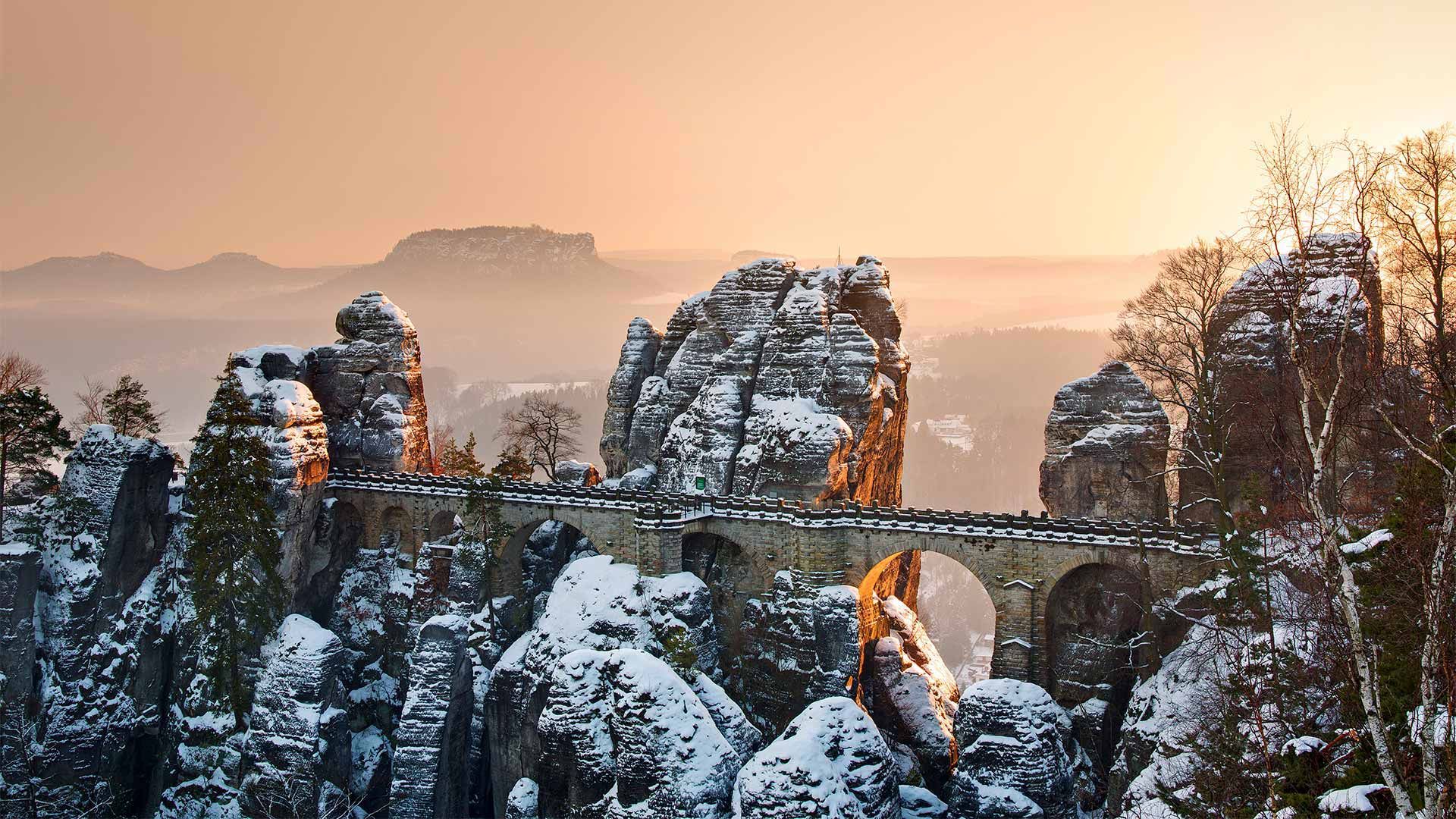 Bastei Bridge above the Elbe River in Saxon Switzerland National Park, Germany