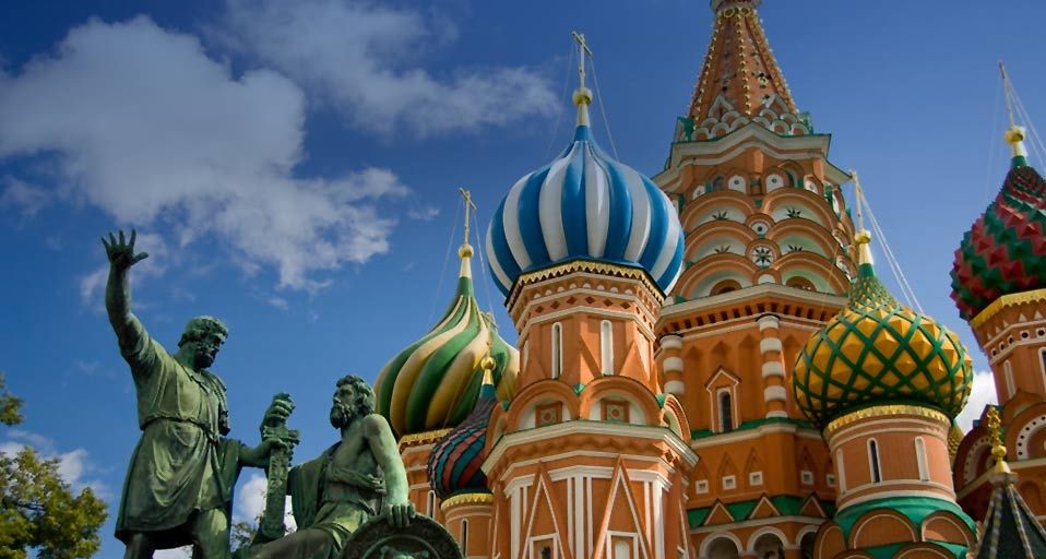 St. Basil's Cathedral  and the bronze monument to Minin & Pozharsky in Red Square, Moscow, Russia