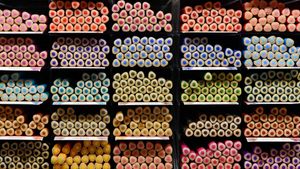 Crayons dans la vitrine de Faber-Castell, un magasin de fournitures scolaires à Stein, Bavière, Allemagne (© Rüdiger Hess/geo-select FotoArt)(Bing France)