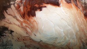 Mars Express image of the icy cap at Mars’ south pole (© ESA/DLR/FU Berlin/Bill Dunford)(Bing Australia)