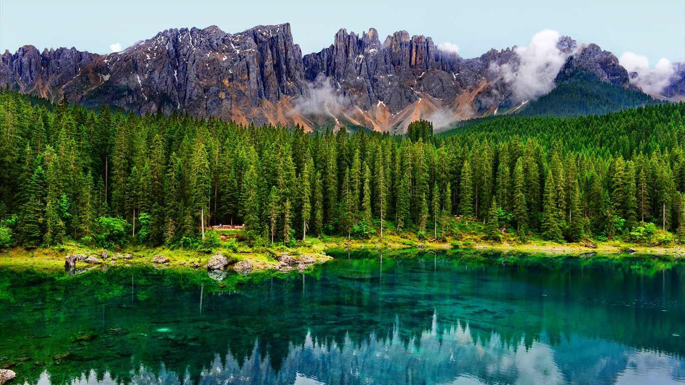 Karersee lake in the Dolomites in South Tyrol, Germany