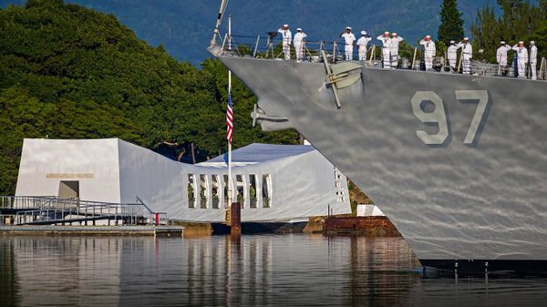 Enlisted personnel on the USS Halsey in 2016 commemorating the 75th anniversary of the attack on Pearl Harbor in Honolulu, Hawaii