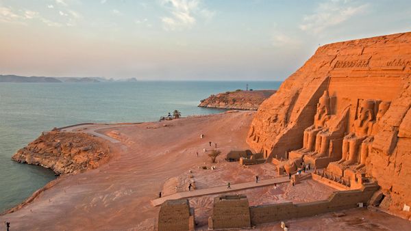 The Abu Simbel temples on the west shore of Lake Nasser, Egypt