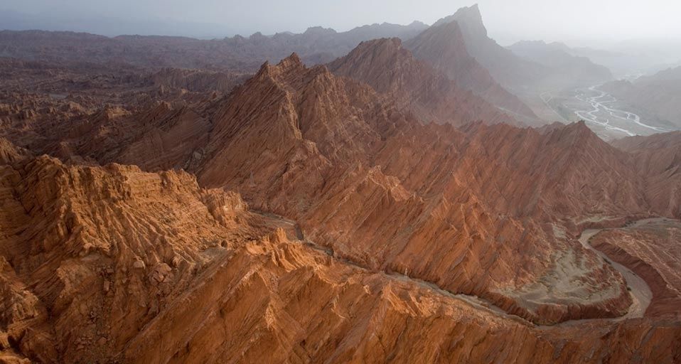 Vertically oriented sandstone formations in Kuqa Canyon, Xinjiang Uygur Autonomous Region, China. Locals call it the Tien Shan Grand Canyon