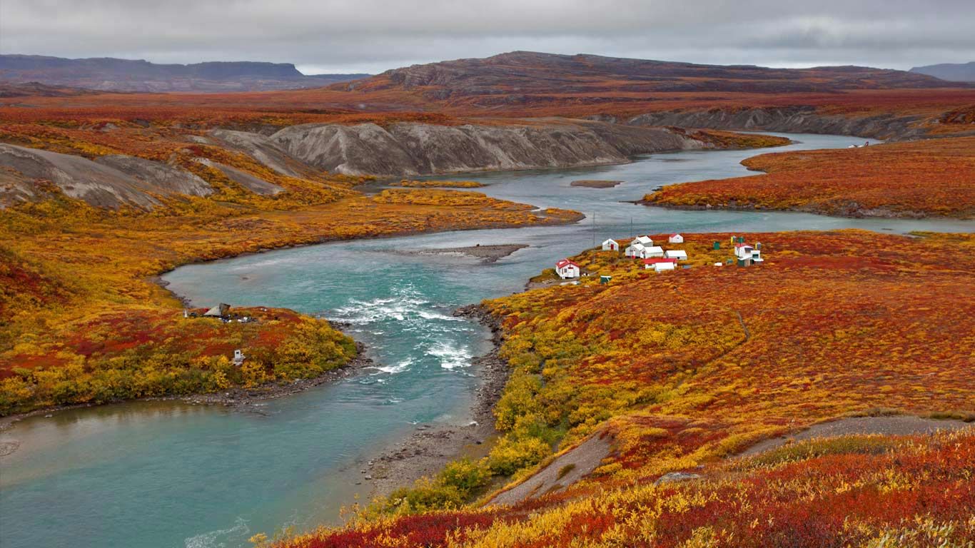 Fishing lodges on the Tree River in the Kitikmeot Region of Nunavut, Canada