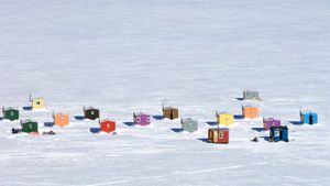 Ice fishing huts in L'Anse-St-Jean, Quebec, Canada (© Guylain Doyle/Getty Images)(Bing New Zealand)