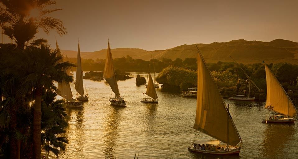 Felucca sail boats on the Nile river at Aswan, Egypt