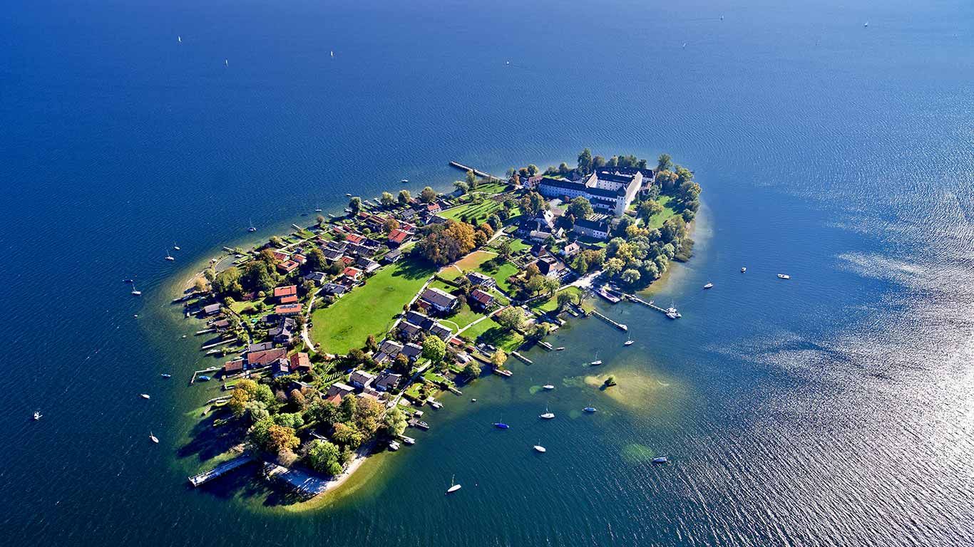 Aerial view of Frauenchiemsee island in Chiemsee, Germany