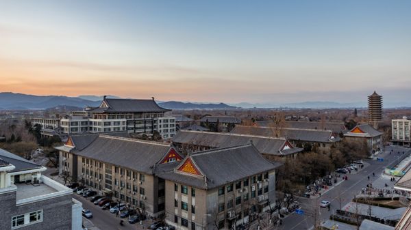 Aerial view of Peking University at sunset, Beijing, China