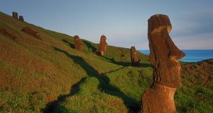 Moai stone statues on the outer slope of Rano Raraku, a soft stone quarry on Easter Island -- James L. Amos/Corbis &copy; (Bing United States)