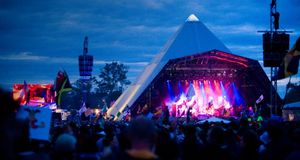 The Pyramid stage, all lit up at dusk, during a performance at the 2007 Glastonbury Festival in Somerset, UK -- -- Naki Kouyioumtzis/ Axiom &copy; (Bing United States)