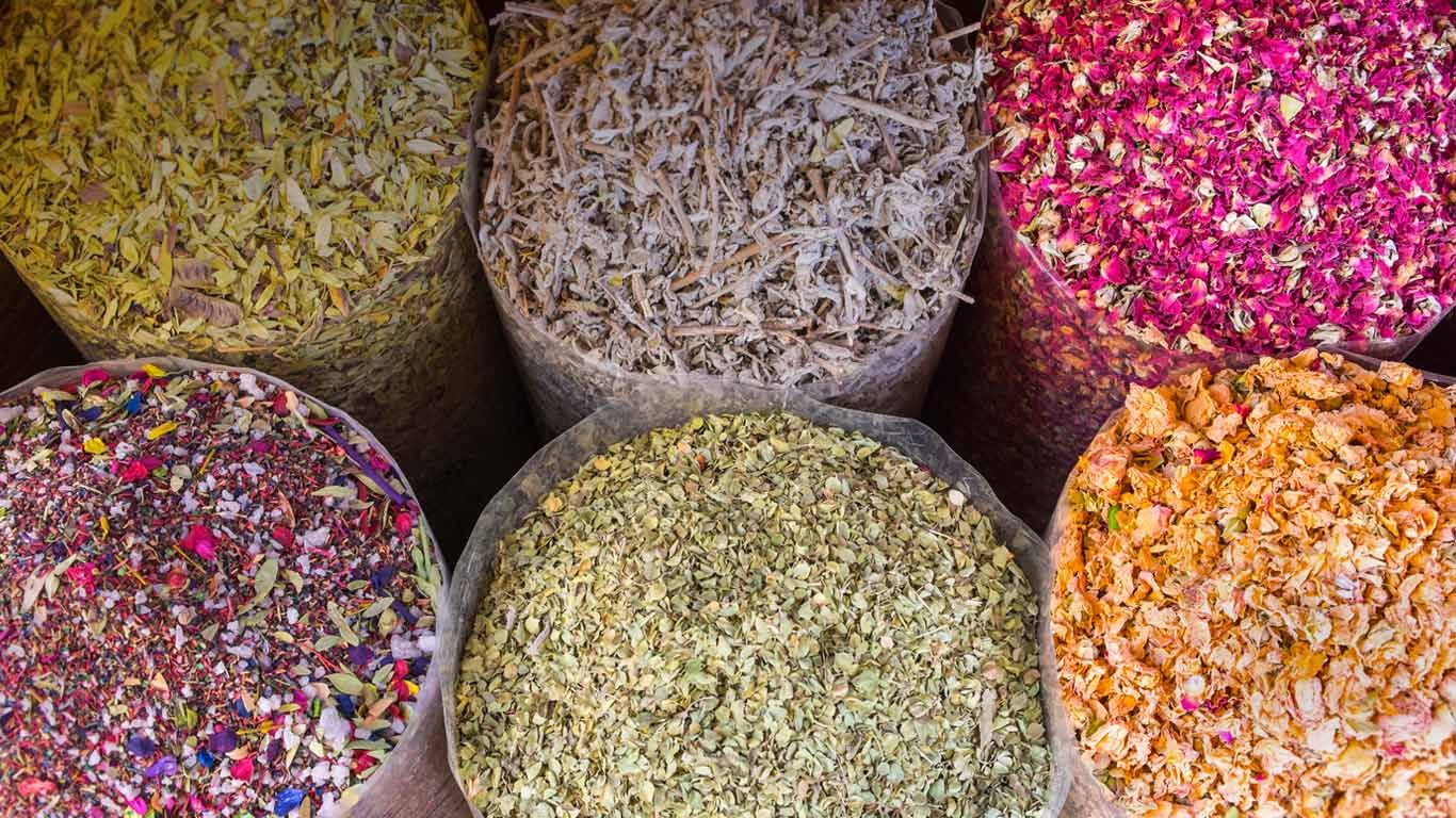 Dried flowers and herbs at the Dubai Spice Souk in Dubai, United Arab Emirates