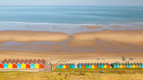 Beach huts on West Cliff Beach, Whitby, North Yorkshire