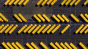 鳞次栉比的黄色校车 (© Space Images/Blend Images/Getty Images)(Bing China)