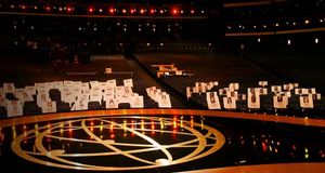 Auditorium and seating cards at the 60th Primetime Emmy Awards in 2008 -- Mathew Imaging/Getty Images &copy; (Bing United States)