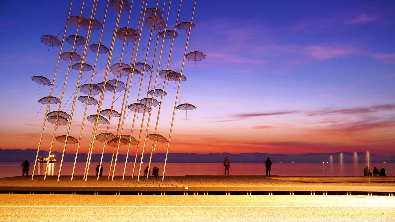 ‘Umbrellas’ sculpture by George Zongolopoulos outside of Macedonian Museum of Contemporary Art in Thessaloniki, Greece
