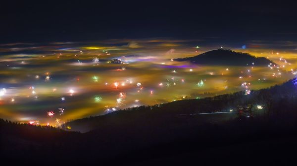 Fireworks and fog in Salzburg, Austria