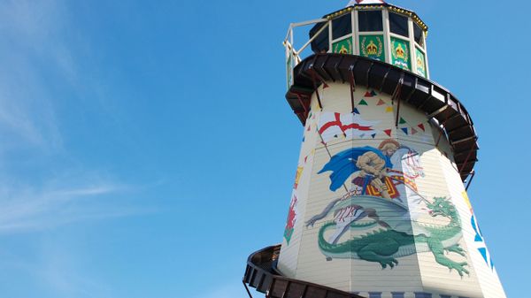 A helter skelter ride decorated with St George and the Dragon in Plymouth, Devon