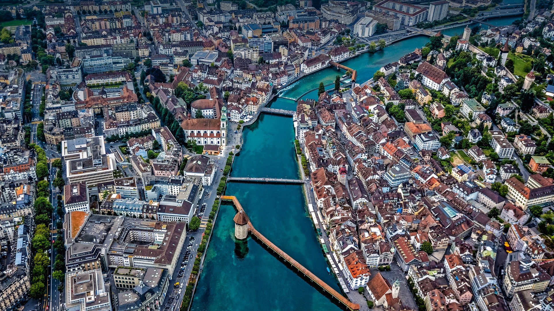 Aerial view of Chapel Bridge over the river Reuss in Lucerne, Switzerland