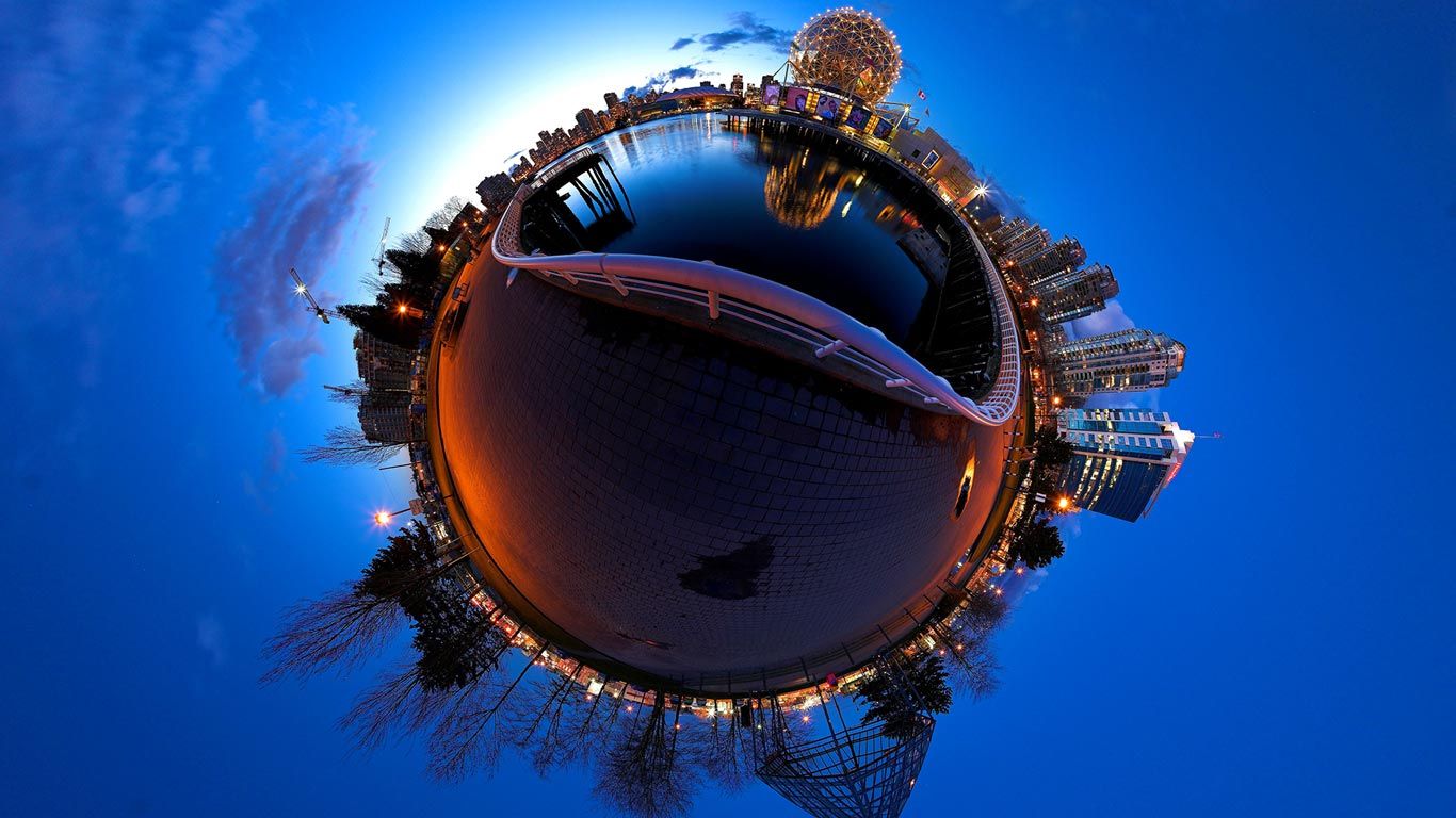 Stereographic projection of False Creek and Science World, Vancouver, British Columbia, Canada