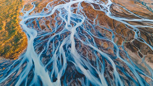 Aerial view of glacial rivers in Iceland