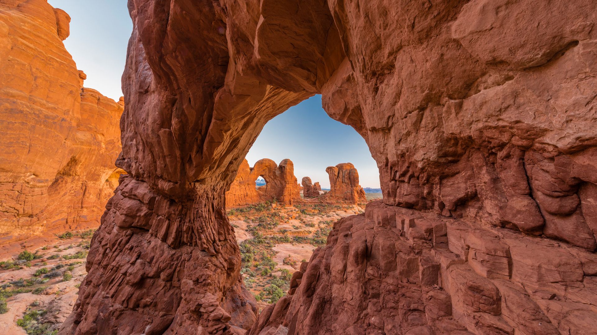 Double Arch seen through Cove Arch, Arches National Park, Utah, USA