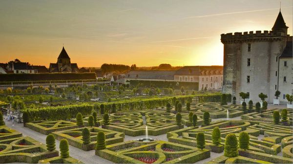 Le château de Villandry et ses jardins au coucher du soleil, Indre-et-Loire, Région Centre