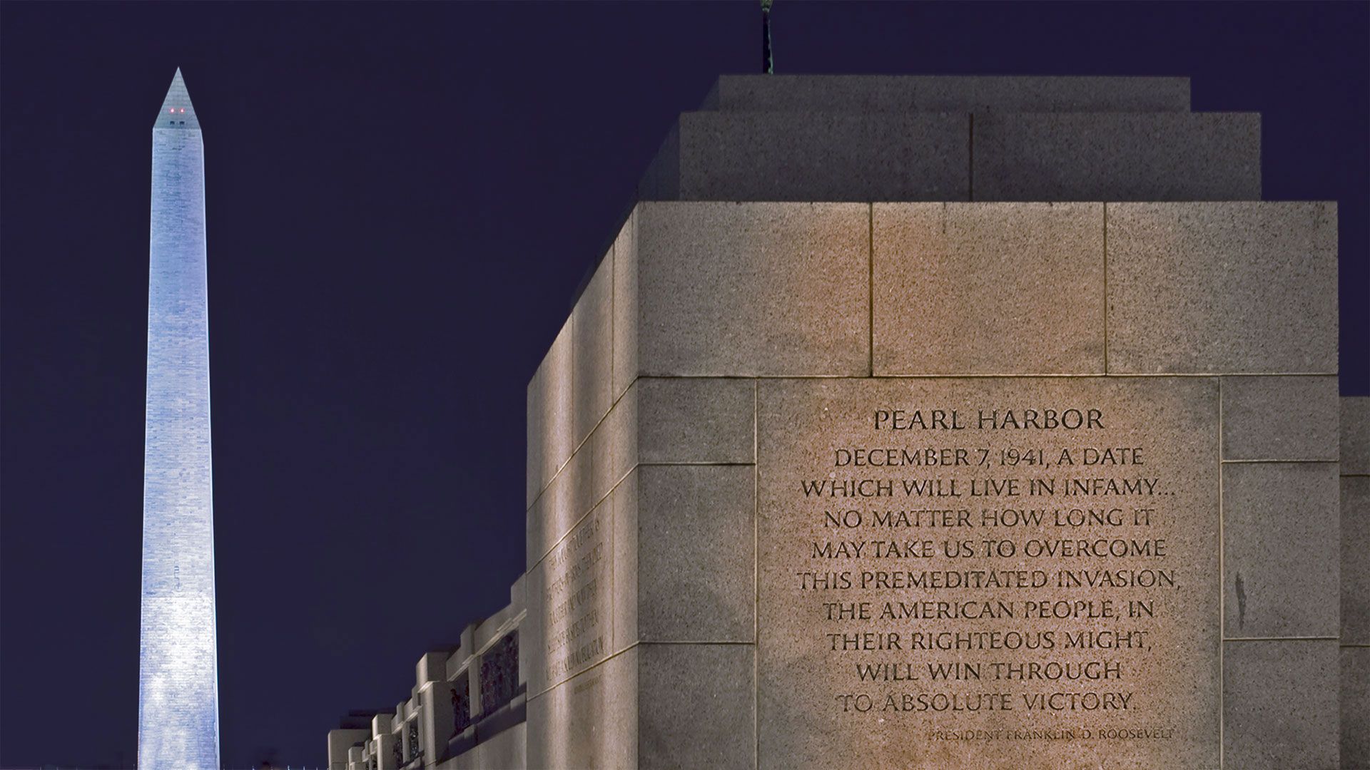 View of the Washington Monument and the National World War II Memorial with its Pearl Harbor Dedication, Washington, DC