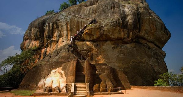 Remains of the colossal lion sculpture that flanked the stairway leading to the Sigiriya fortress in Sri Lanka