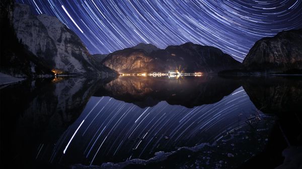 Stars arc over Lake Hallstatt, Austria