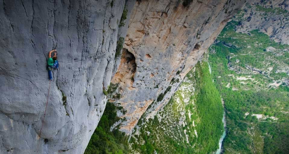 Alpinist climbing the Verdon Gorge, France